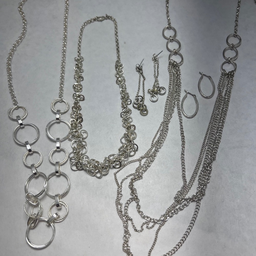Silver Tone Jewelry Lot Multi Strand Geometric Link Necklaces Hoop Earrings Avon